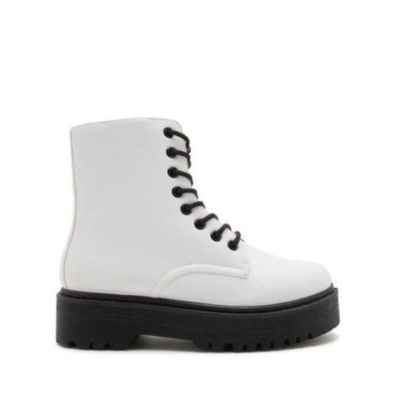 White Vegan Leather Lace Up Combat Boots - Picture 3 of 11